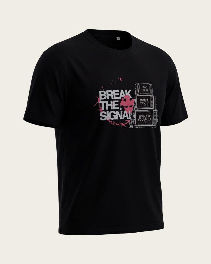 T-shirt SERAZ Audace noir avec impression Break The Signal, sur fond gris foncé