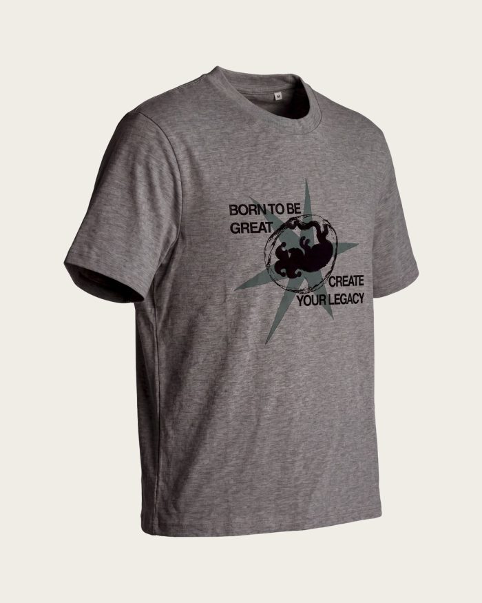 T-shirt SERAZ Dépassement de soi gris chiné avec impression Born To Be Great, sur fond gris foncé